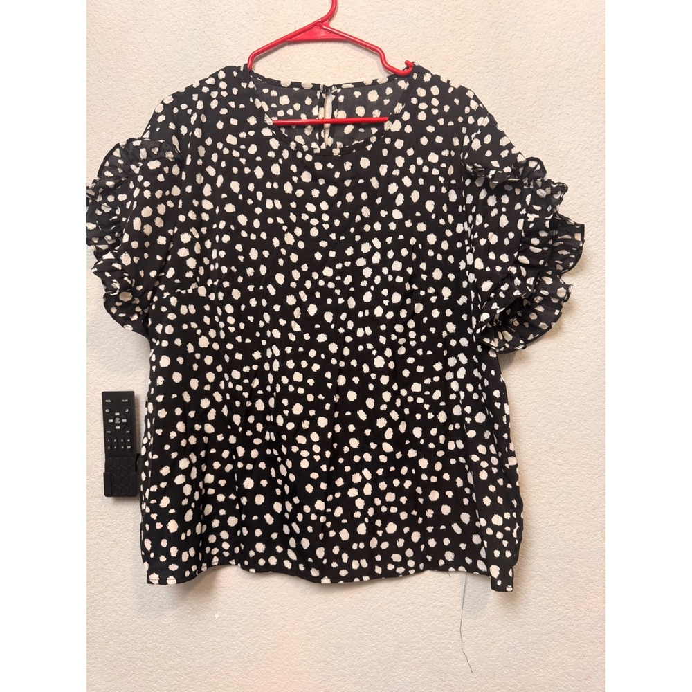 SHEIN CURVE Black White‎ Dalmation Spot Ruffle Sleeve Top Plus Size 0XL
